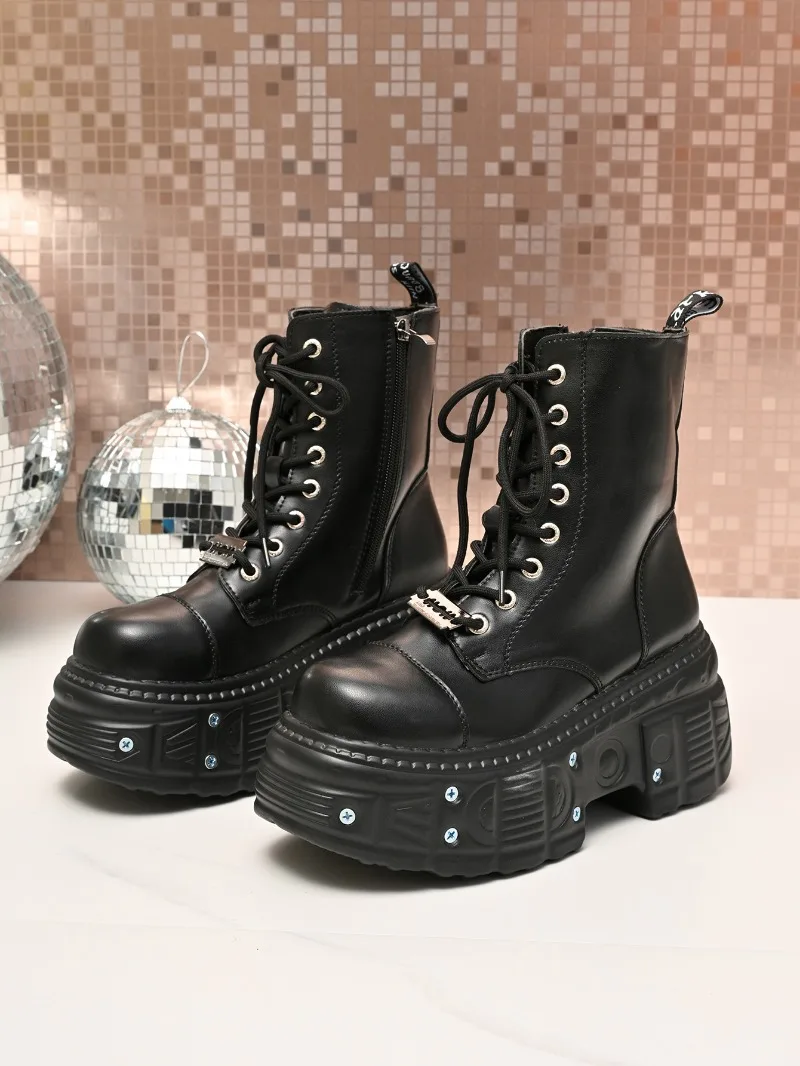 Goth New Punk Women Platform Ankle Boots Female's Rock Round Toe Lace Up Fashion Retro Chunky Shoes Metal Decor Short Booties