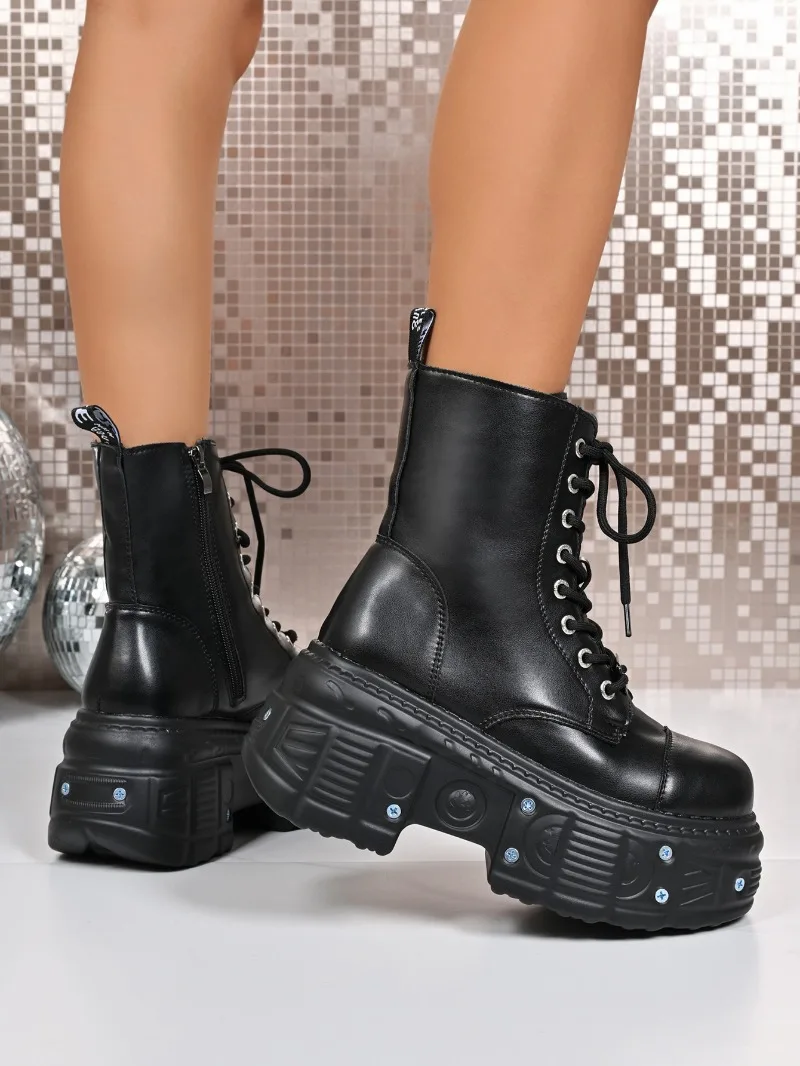 Goth New Punk Women Platform Ankle Boots Female's Rock Round Toe Lace Up Fashion Retro Chunky Shoes Metal Decor Short Booties