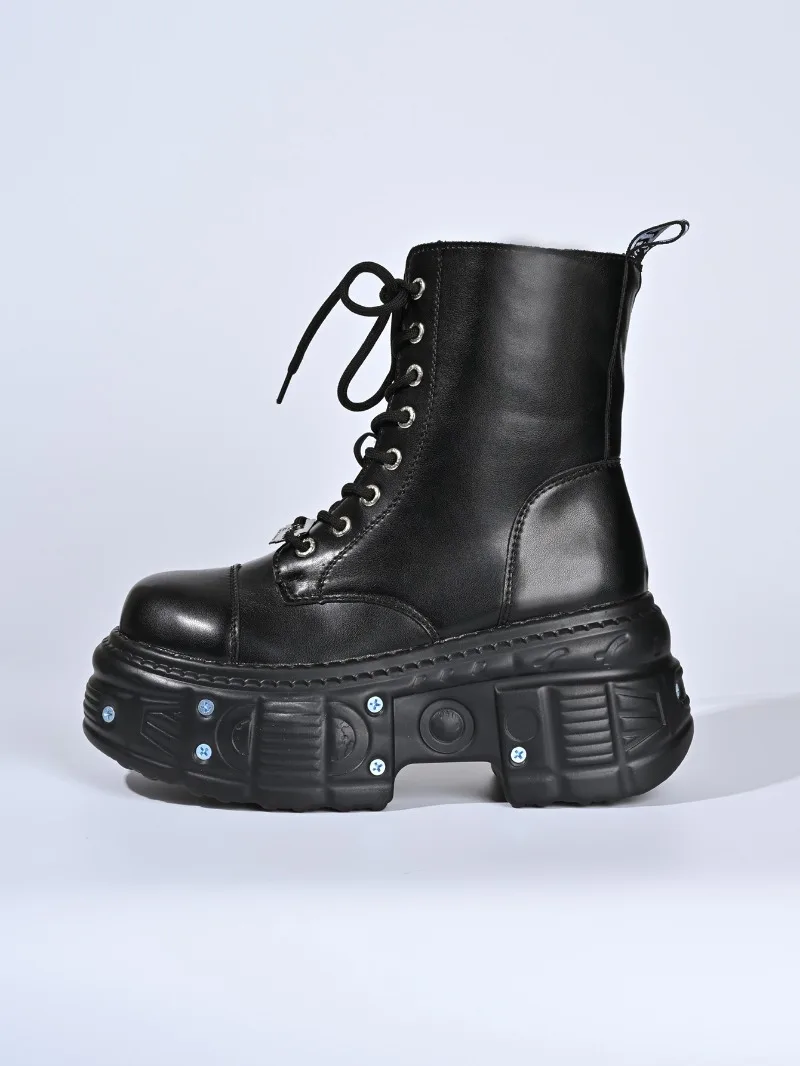 Goth New Punk Women Platform Ankle Boots Female's Rock Round Toe Lace Up Fashion Retro Chunky Shoes Metal Decor Short Booties