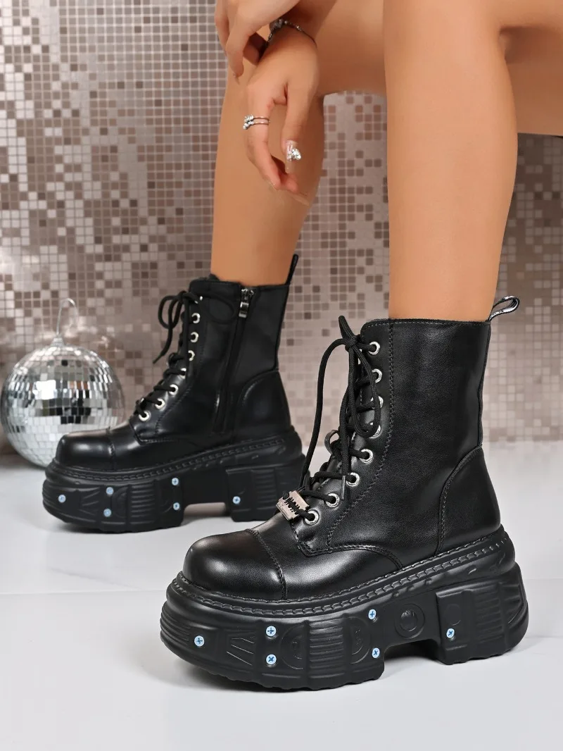 Goth New Punk Women Platform Ankle Boots Female's Rock Round Toe Lace Up Fashion Retro Chunky Shoes Metal Decor Short Booties