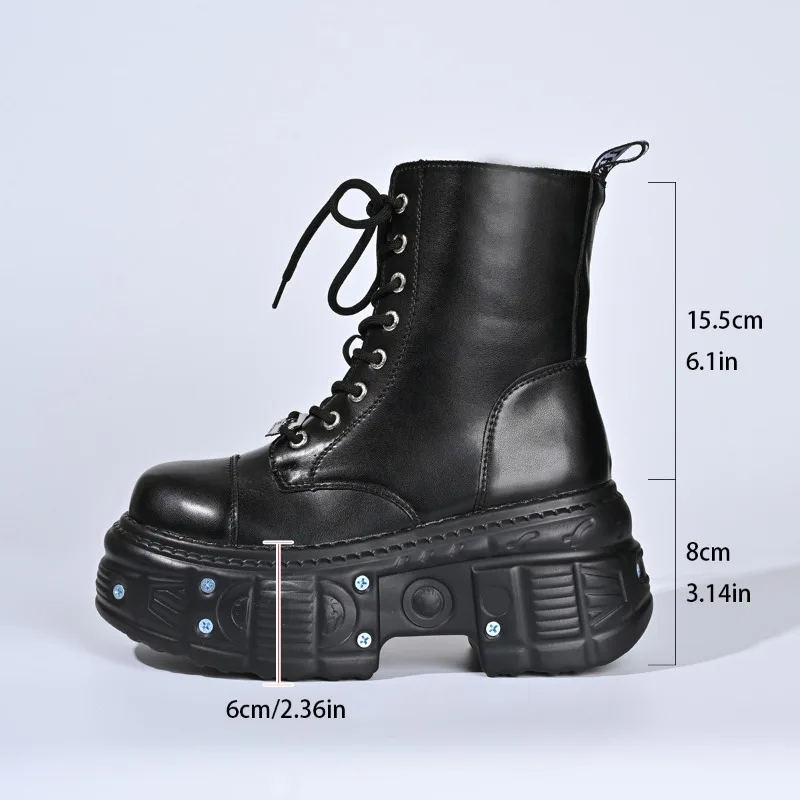 Goth New Punk Women Platform Ankle Boots Female's Rock Round Toe Lace Up Fashion Retro Chunky Shoes Metal Decor Short Booties