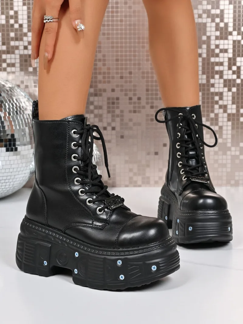 Goth New Punk Women Platform Ankle Boots Female's Rock Round Toe Lace Up Fashion Retro Chunky Shoes Metal Decor Short Booties
