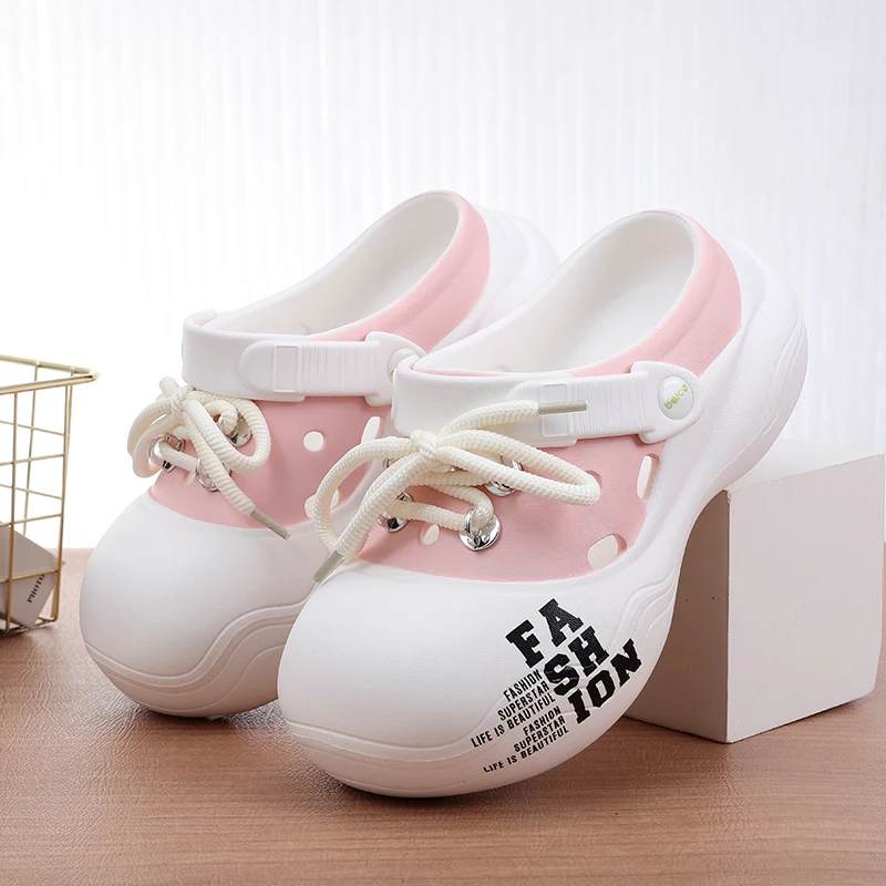 Women's Outdoor Chunky Platform Sandals Non-Slip Clogs Slides Flat Breathable Striped Shoelaces Closed Toe Thick Sole Slippers