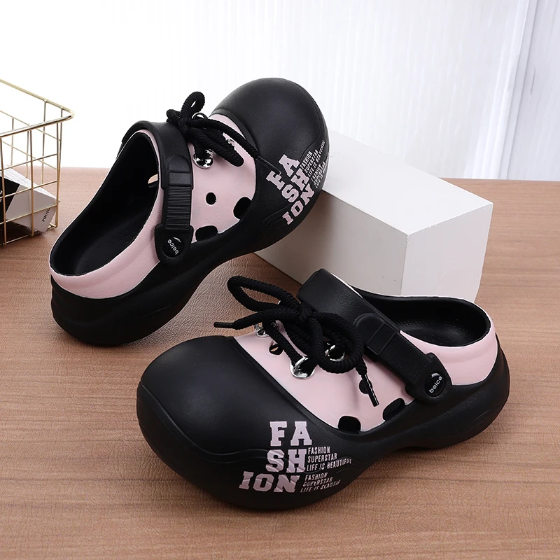 Women's Outdoor Chunky Platform Sandals Non-Slip Clogs Slides Flat Breathable Striped Shoelaces Closed Toe Thick Sole Slippers