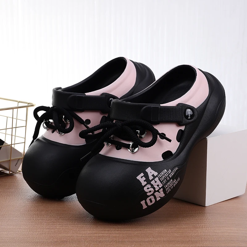 Women's Outdoor Chunky Platform Sandals Non-Slip Clogs Slides Flat Breathable Striped Shoelaces Closed Toe Thick Sole Slippers