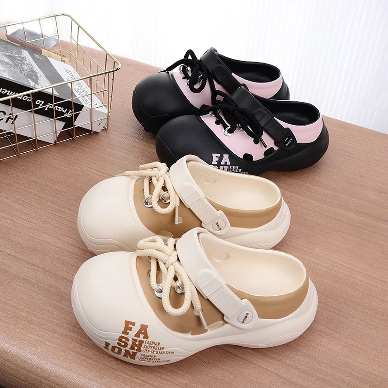 Women's Outdoor Chunky Platform Sandals Non-Slip Clogs Slides Flat Breathable Striped Shoelaces Closed Toe Thick Sole Slippers
