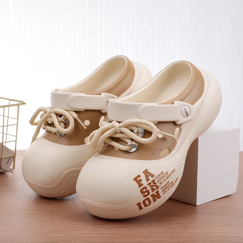 Women's Outdoor Chunky Platform Sandals Non-Slip Clogs Slides Flat Breathable Striped Shoelaces Closed Toe Thick Sole Slippers