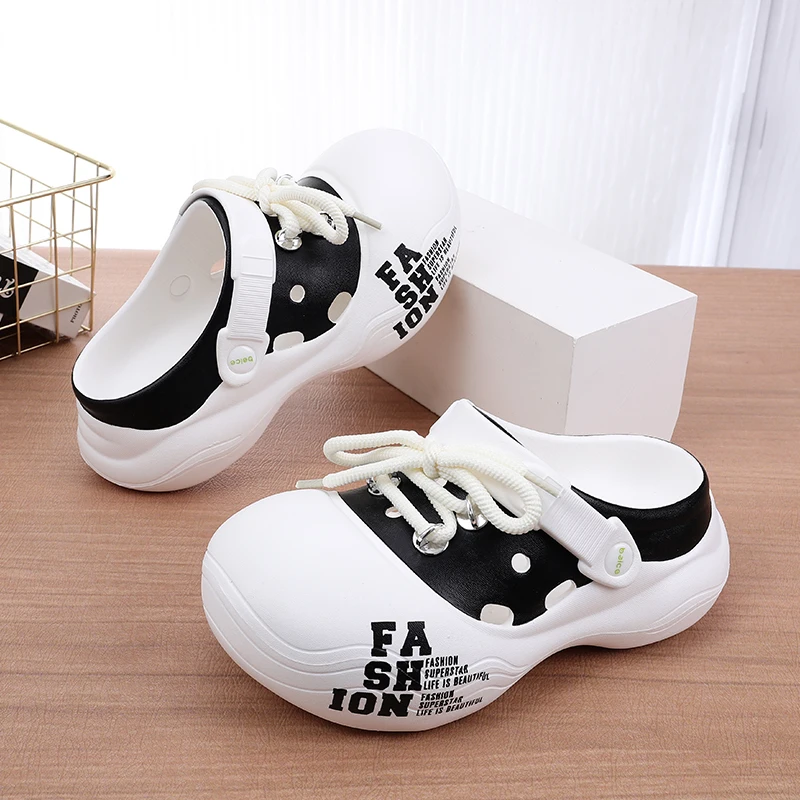 Women's Outdoor Chunky Platform Sandals Non-Slip Clogs Slides Flat Breathable Striped Shoelaces Closed Toe Thick Sole Slippers
