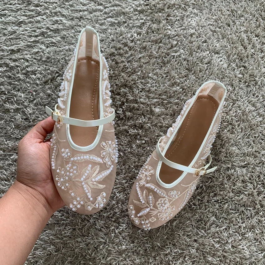 Mesh Embroidery String Bead Design Women Ballet Flats Fashion Buckle Breathable Mary Jane Shoe Comfort Low Heel Soft Flat Sandal