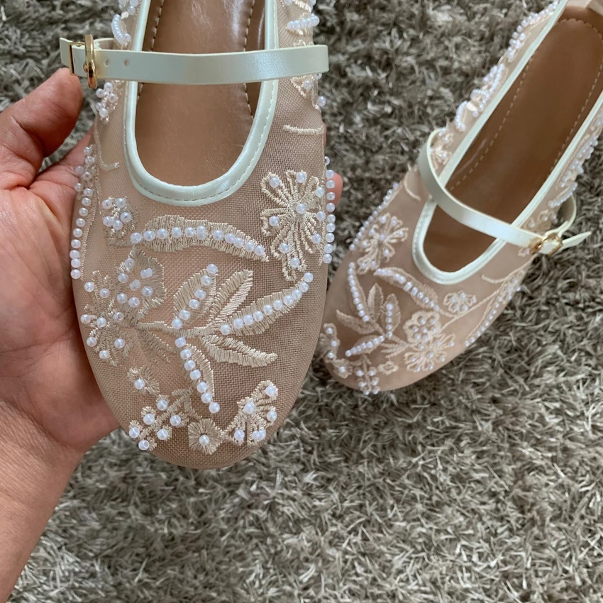 Mesh Embroidery String Bead Design Women Ballet Flats Fashion Buckle Breathable Mary Jane Shoe Comfort Low Heel Soft Flat Sandal