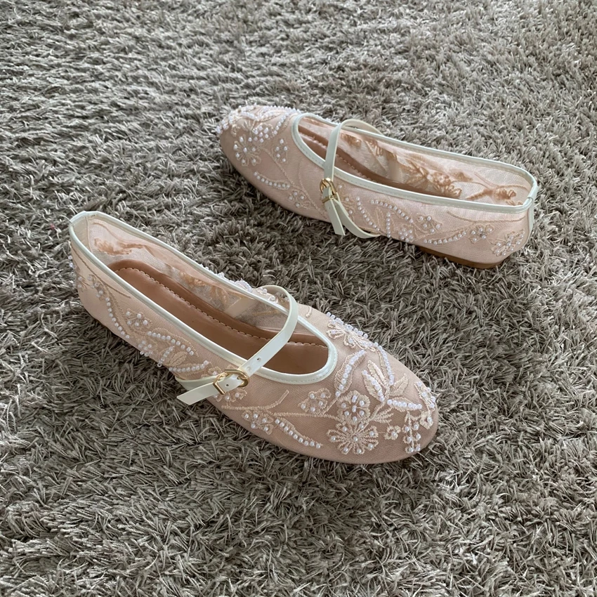 Mesh Embroidery String Bead Design Women Ballet Flats Fashion Buckle Breathable Mary Jane Shoe Comfort Low Heel Soft Flat Sandal