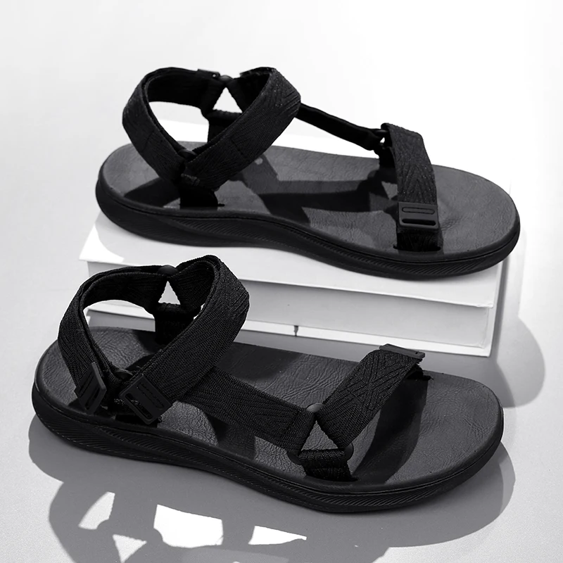 Classic Black Men Sport Sandals Summer Leisure Beach Holiday Sandals Outdoor Antiskid Breathable Flat Sandals Shoes