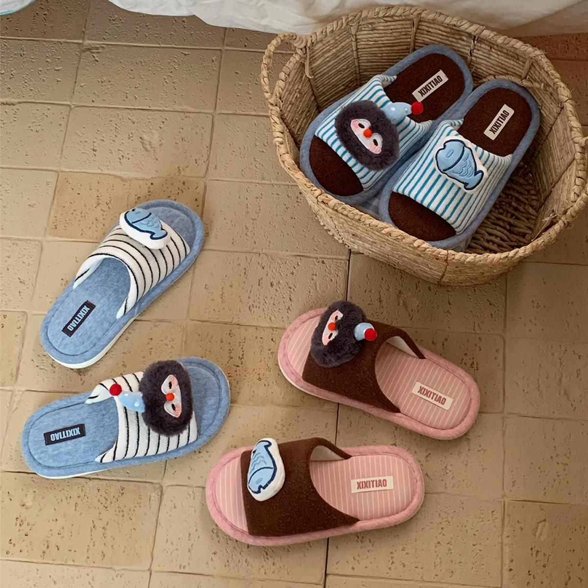 Women Men House Fur Slippers Casual Cute Lovely Animals Pattern Design All Season Indoor Non-slip Warm Soft Soles Comfy Home New
