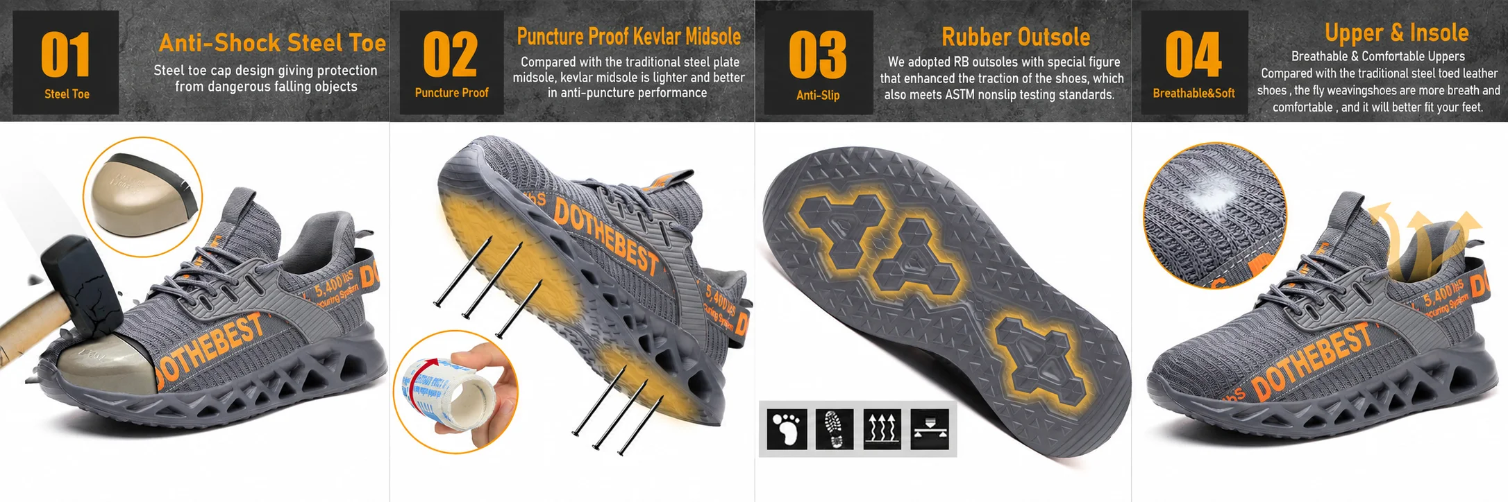 Steel Toe Safety Shoes for Men Lightweight Breathable Work Shoes Grey Anti-Smash Anti-Puncture Work Shoes Comfortable Durable