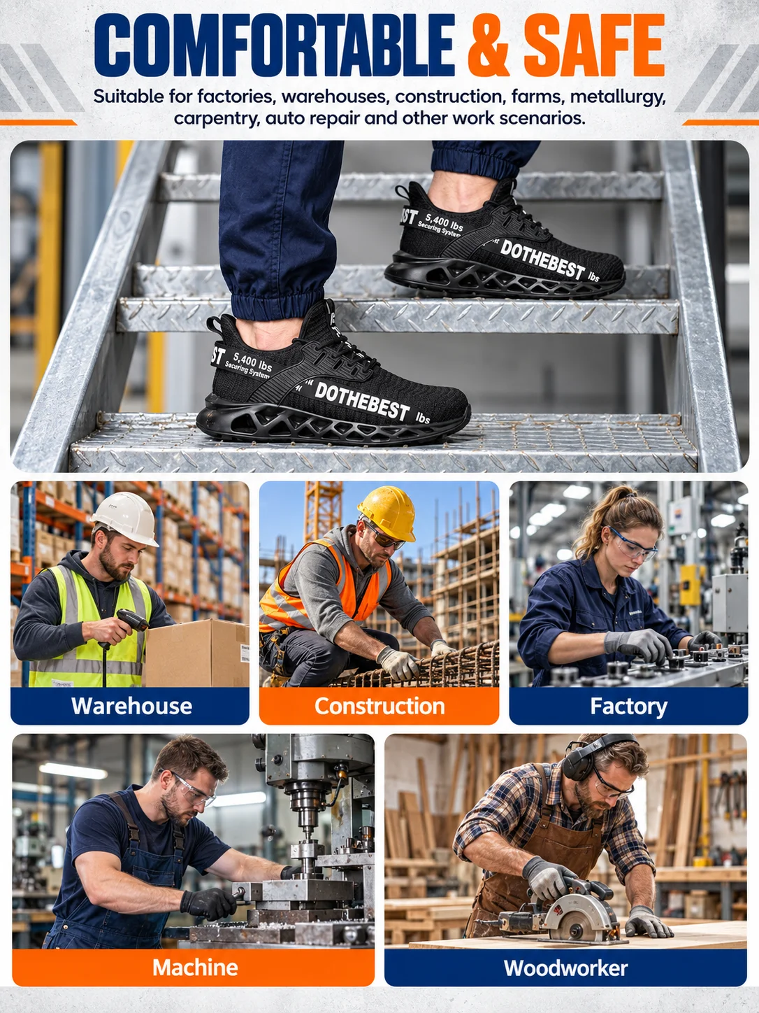 Steel Toe Safety Shoes for Men Lightweight Breathable Work Shoes Grey Anti-Smash Anti-Puncture Work Shoes Comfortable Durable