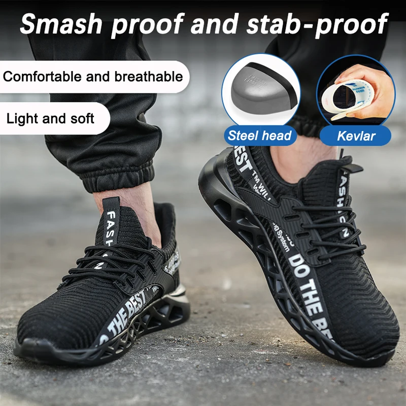 Steel Toe Safety Shoes for Men Lightweight Breathable Work Shoes Grey Anti-Smash Anti-Puncture Work Shoes Comfortable Durable