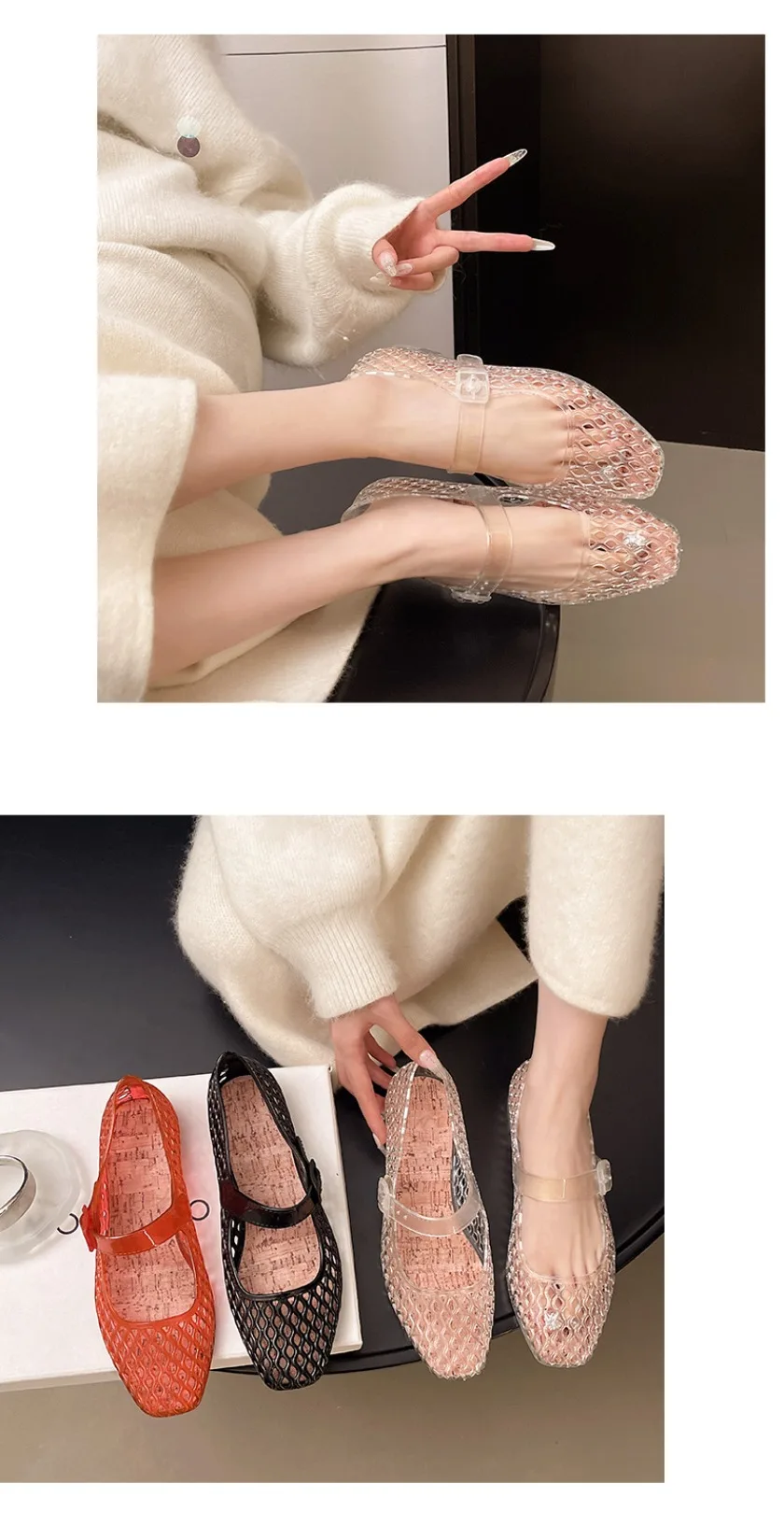 French Hollow Sandals for Women's Summer Fashion with a Single Buckle and Breathable Flat Bottom Crystal Sole