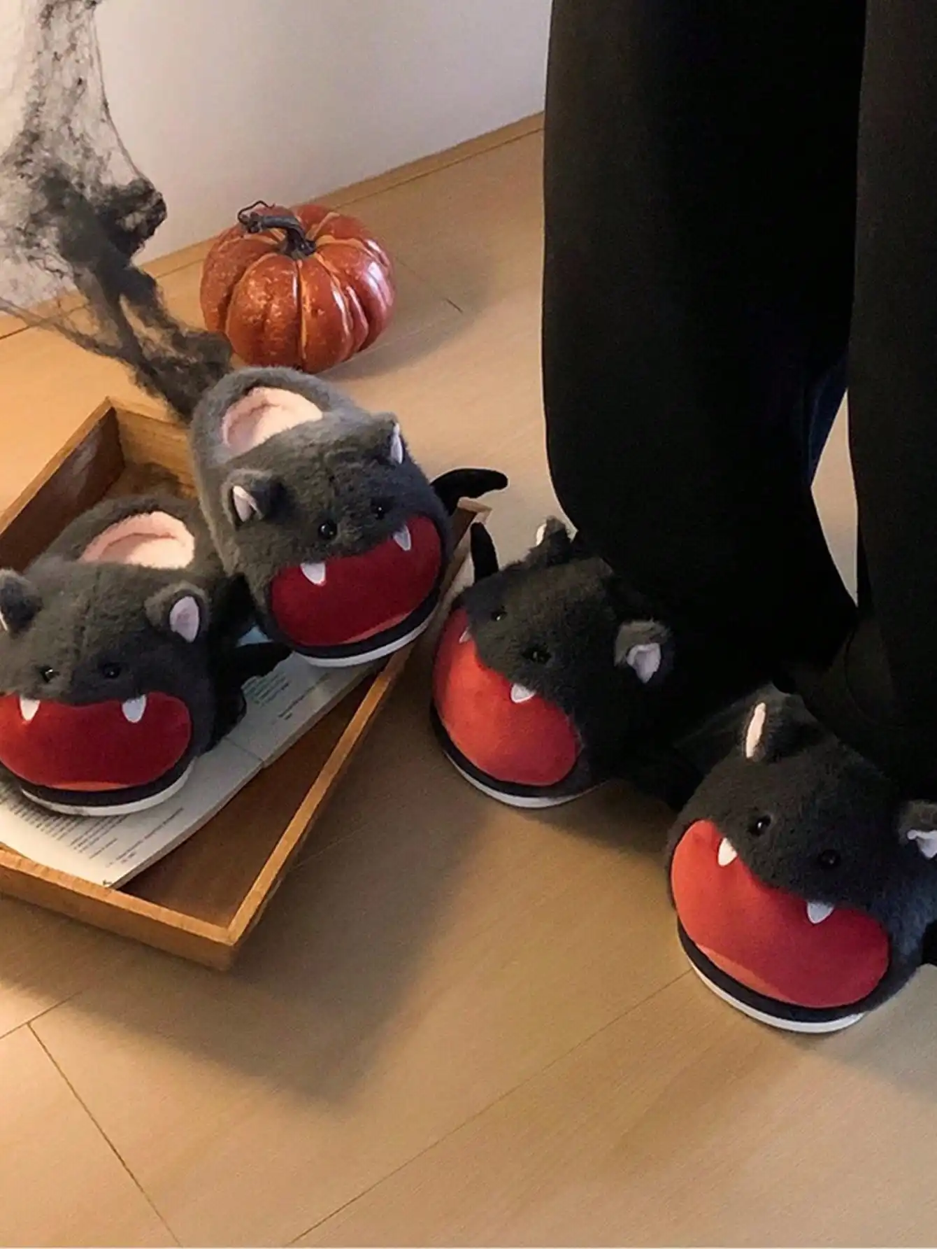 Women House Fur Slippers Casual Cute Lovely Bat Design Dark Grey Winter Indoor Non-slip Warm Soft Soles Comfy Home Female New