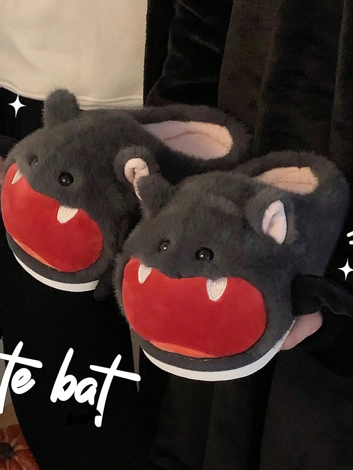 Women House Fur Slippers Casual Cute Lovely Bat Design Dark Grey Winter Indoor Non-slip Warm Soft Soles Comfy Home Female New