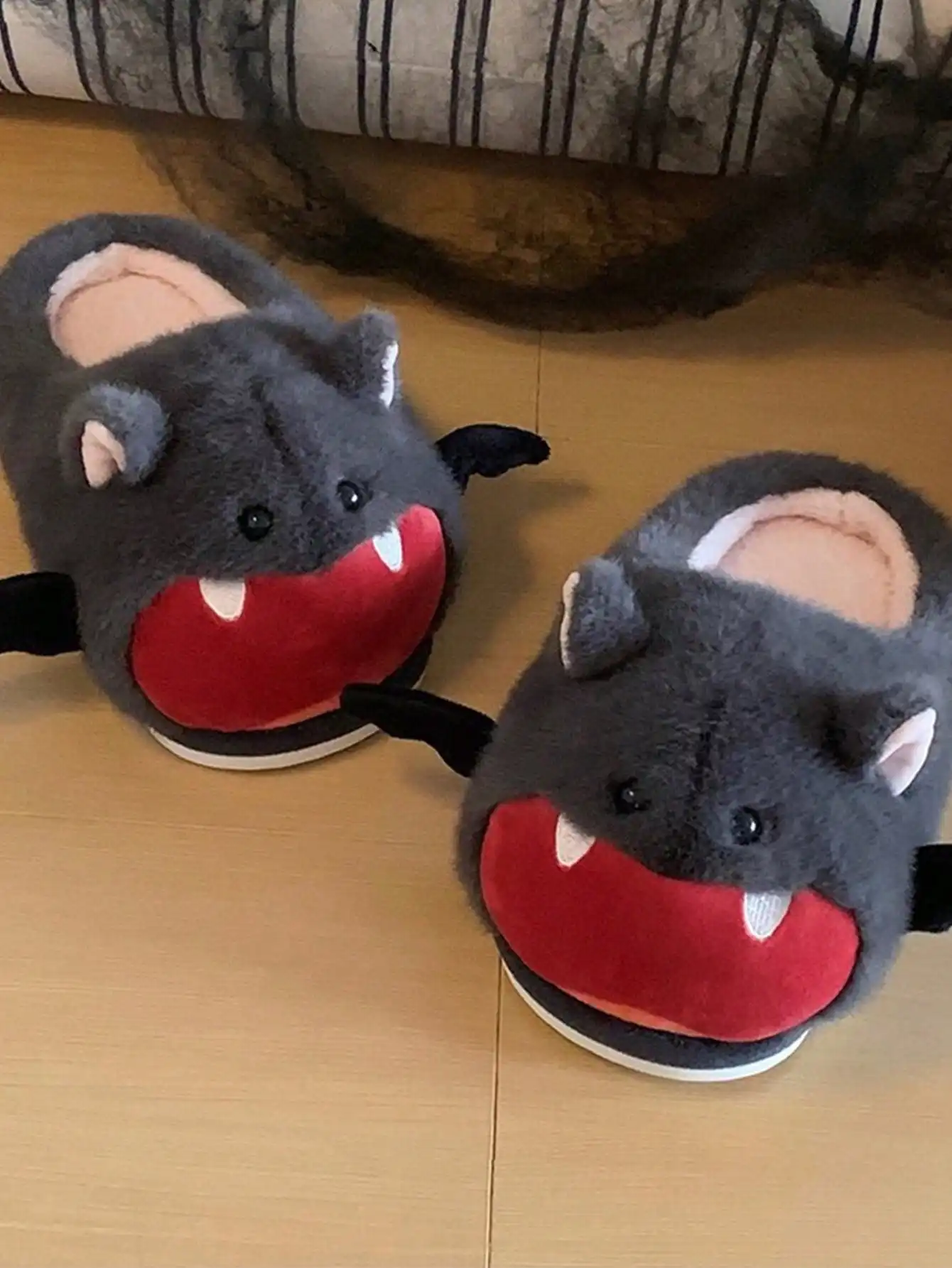 Women House Fur Slippers Casual Cute Lovely Bat Design Dark Grey Winter Indoor Non-slip Warm Soft Soles Comfy Home Female New