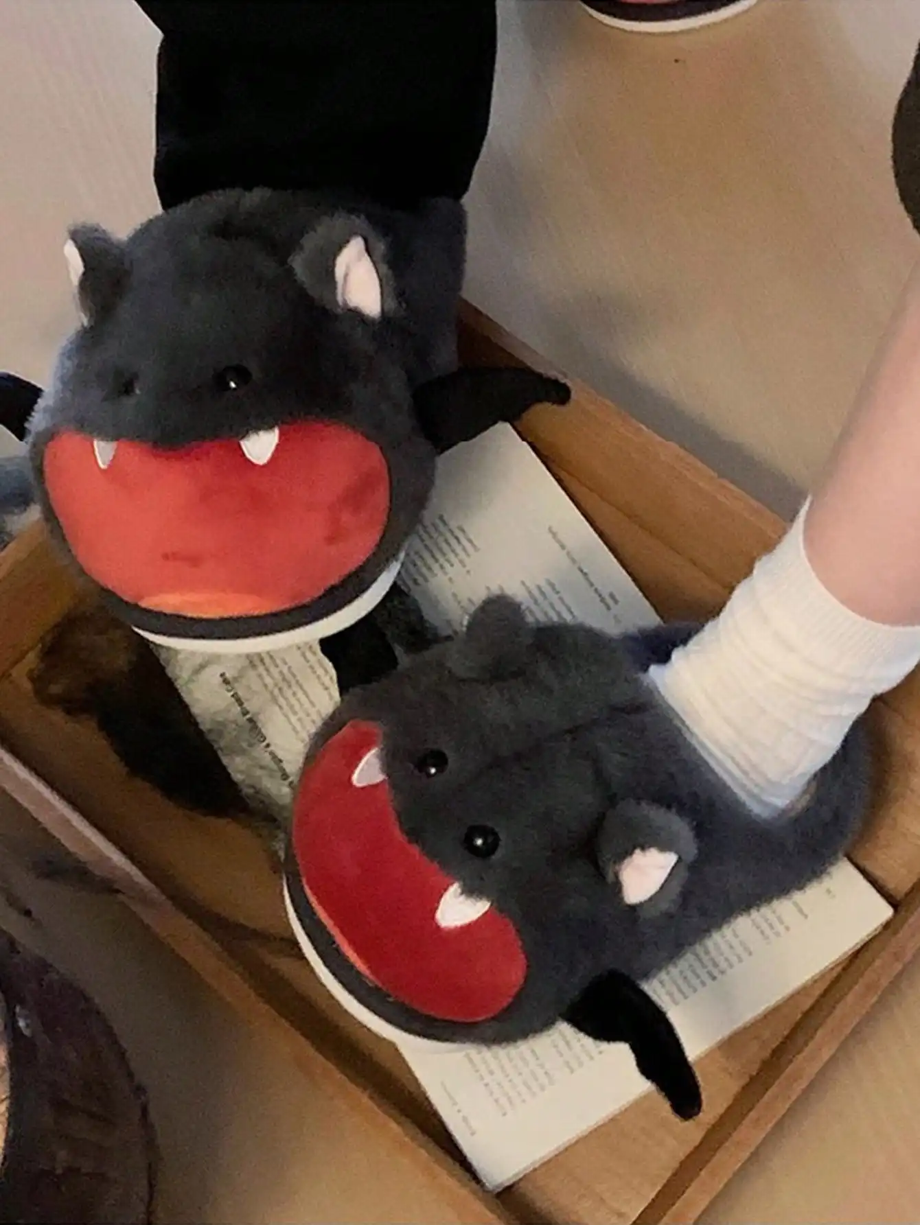 Women House Fur Slippers Casual Cute Lovely Bat Design Dark Grey Winter Indoor Non-slip Warm Soft Soles Comfy Home Female New