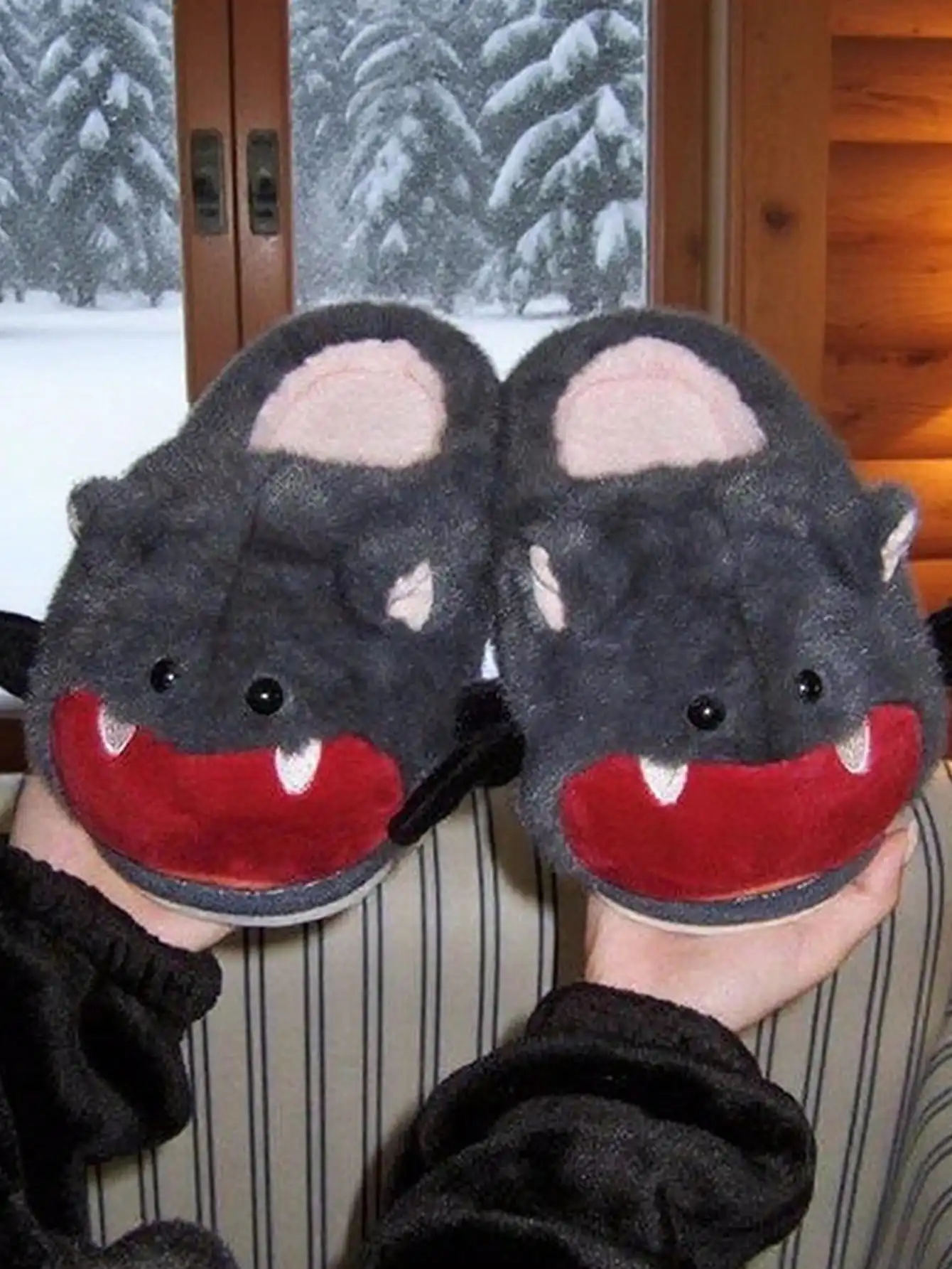 Women House Fur Slippers Casual Cute Lovely Bat Design Dark Grey Winter Indoor Non-slip Warm Soft Soles Comfy Home Female New