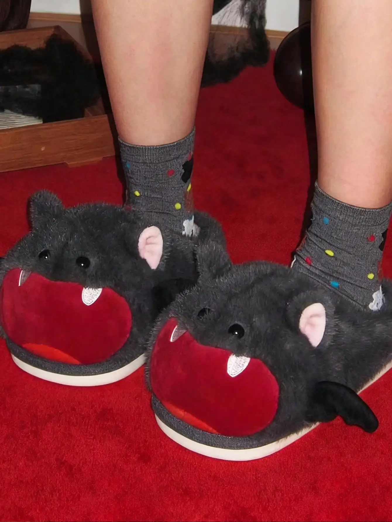Women House Fur Slippers Casual Cute Lovely Bat Design Dark Grey Winter Indoor Non-slip Warm Soft Soles Comfy Home Female New
