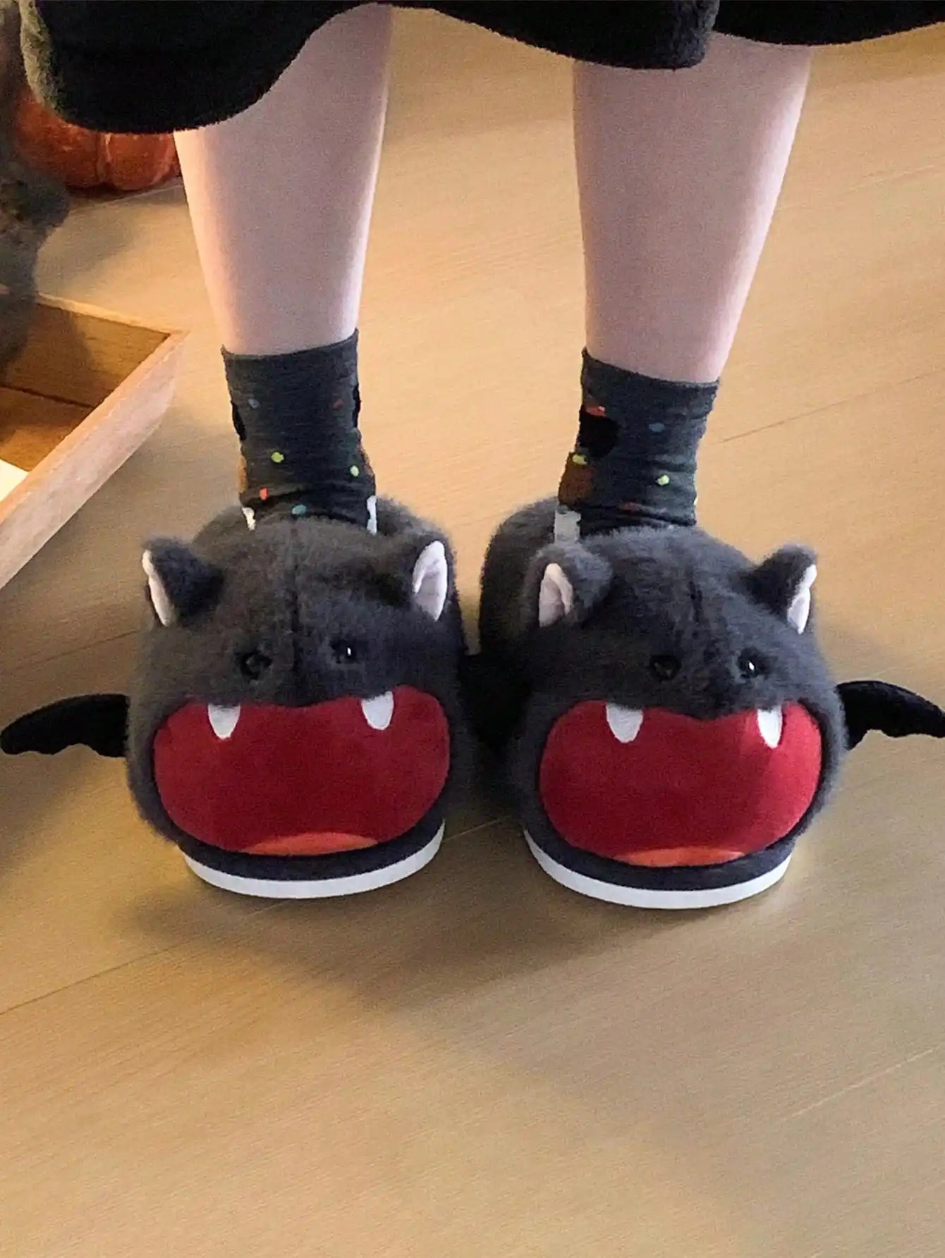 Women House Fur Slippers Casual Cute Lovely Bat Design Dark Grey Winter Indoor Non-slip Warm Soft Soles Comfy Home Female New