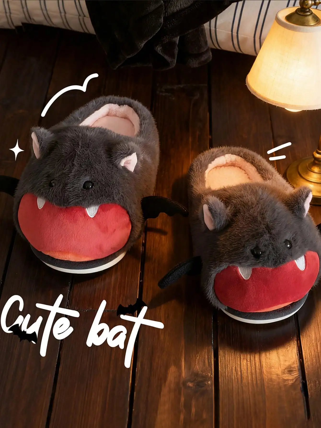 Women House Fur Slippers Casual Cute Lovely Bat Design Dark Grey Winter Indoor Non-slip Warm Soft Soles Comfy Home Female New