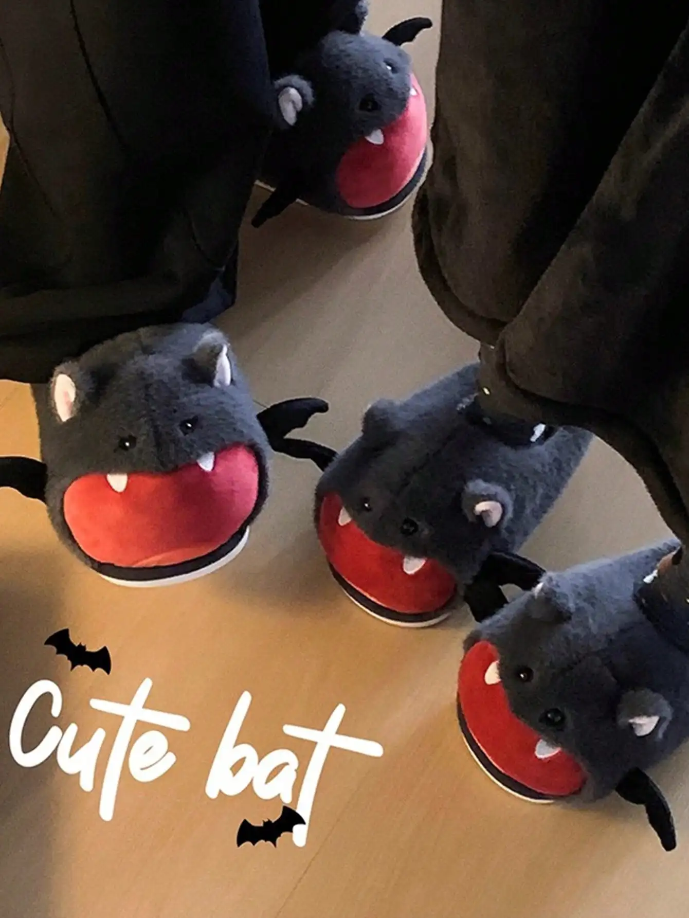 Women House Fur Slippers Casual Cute Lovely Bat Design Dark Grey Winter Indoor Non-slip Warm Soft Soles Comfy Home Female New
