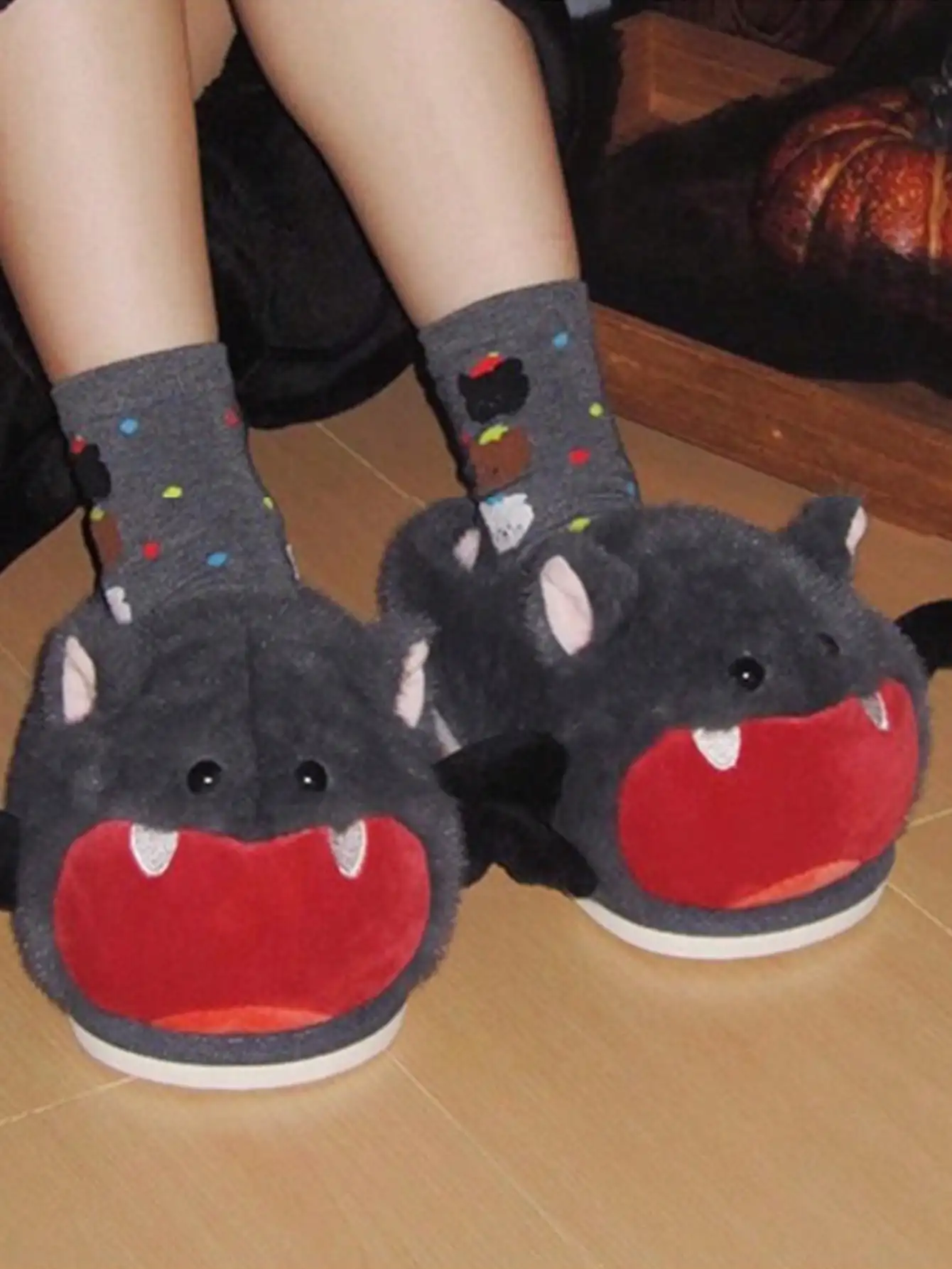 Women House Fur Slippers Casual Cute Lovely Bat Design Dark Grey Winter Indoor Non-slip Warm Soft Soles Comfy Home Female New