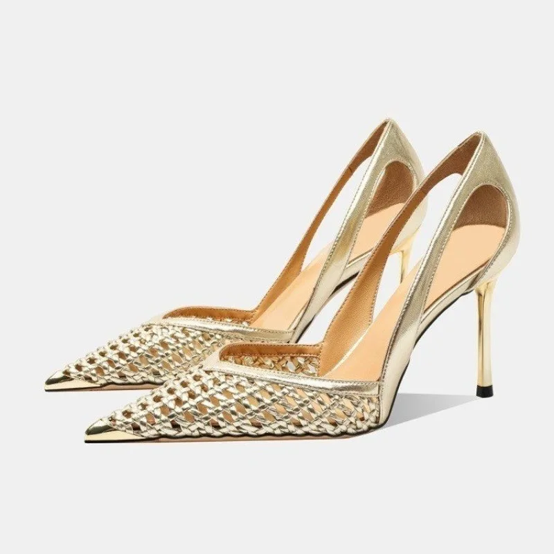 French Beautiful Fashion Versatile Woven High Heels 2025 New Cutout Pointed Toe Sandals Women