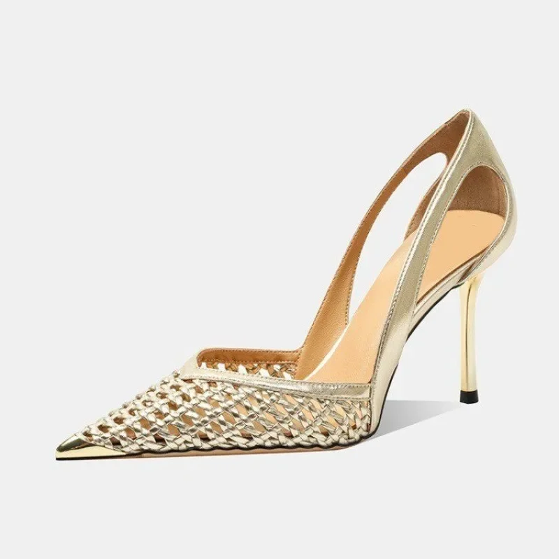 French Beautiful Fashion Versatile Woven High Heels 2025 New Cutout Pointed Toe Sandals Women