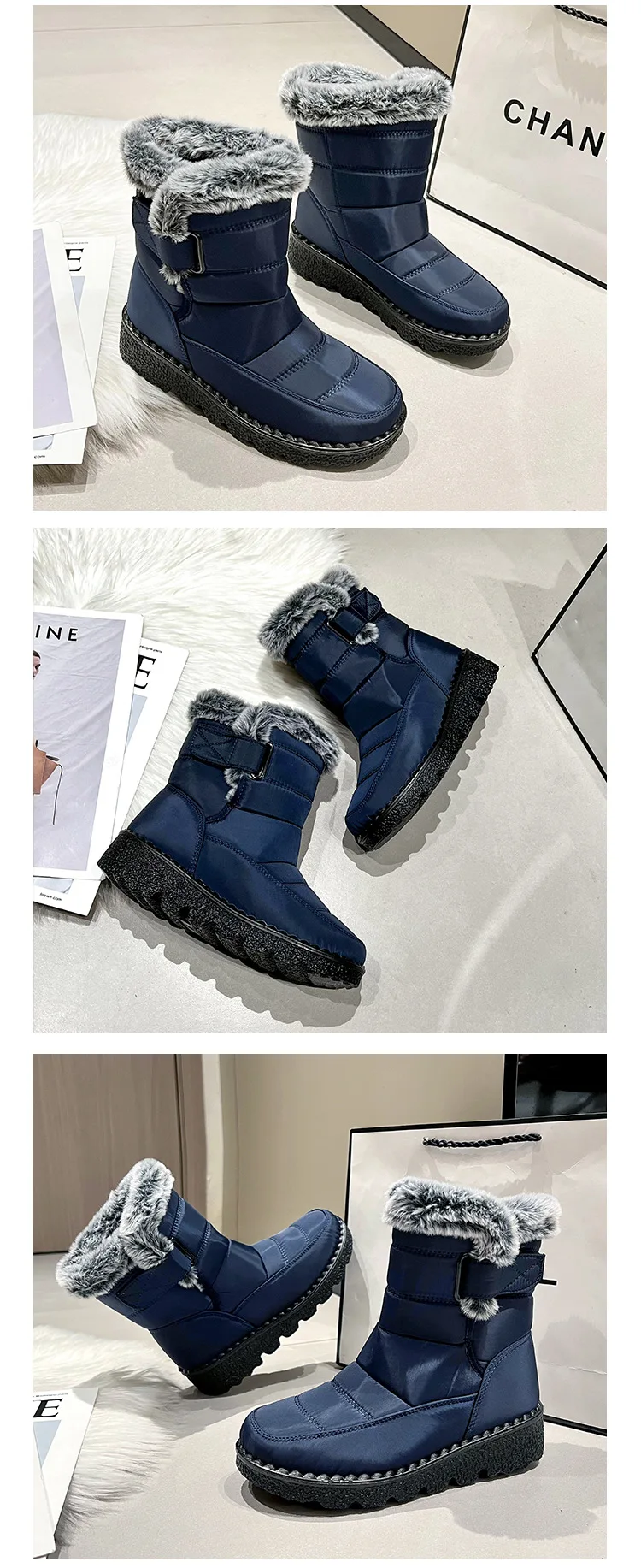 Women Waterproof Snow Boots Thick Fleece Lined Magic Tape Non Slip Sole Winter Warm Mid Calf Outdoor Boots