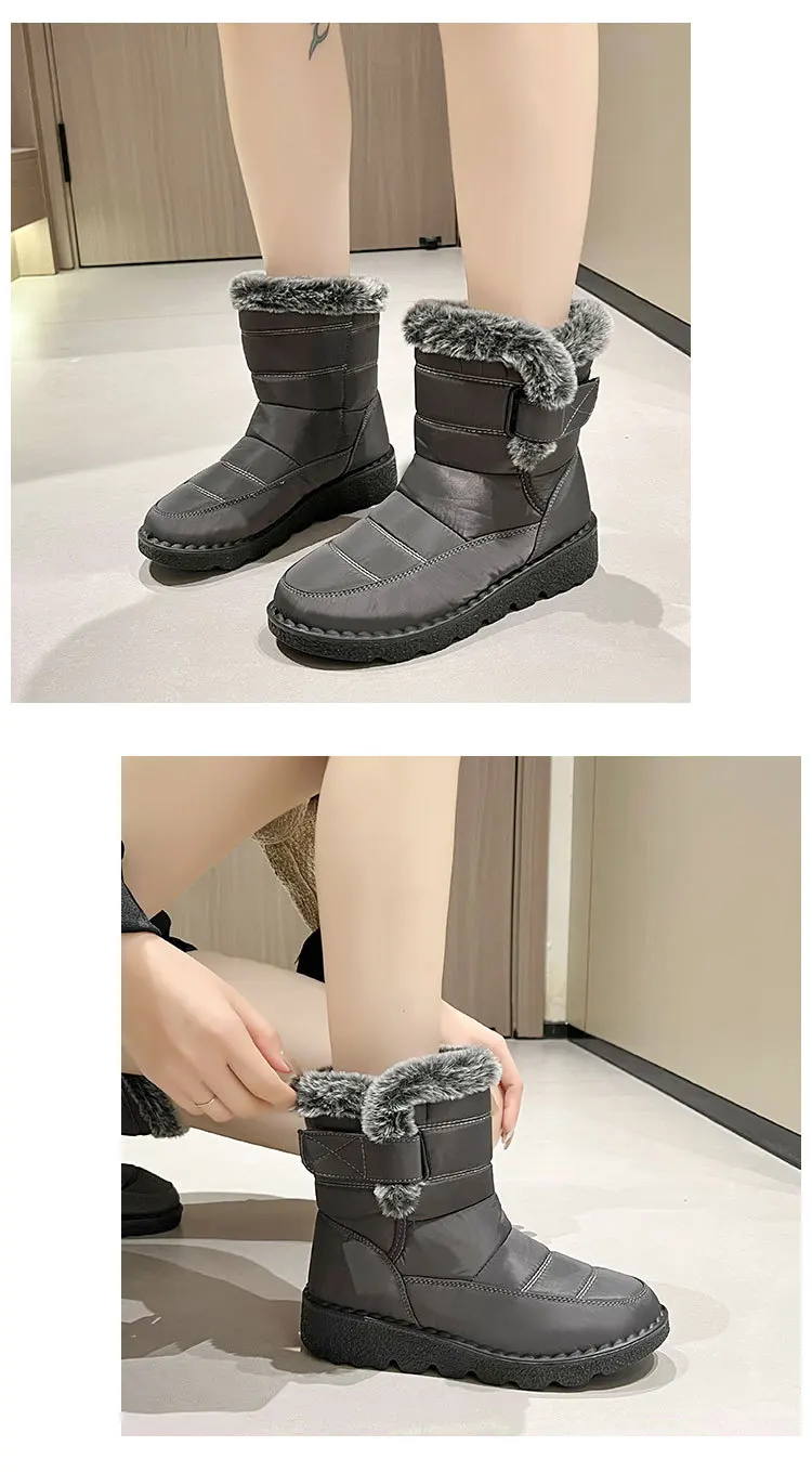 Women Waterproof Snow Boots Thick Fleece Lined Magic Tape Non Slip Sole Winter Warm Mid Calf Outdoor Boots