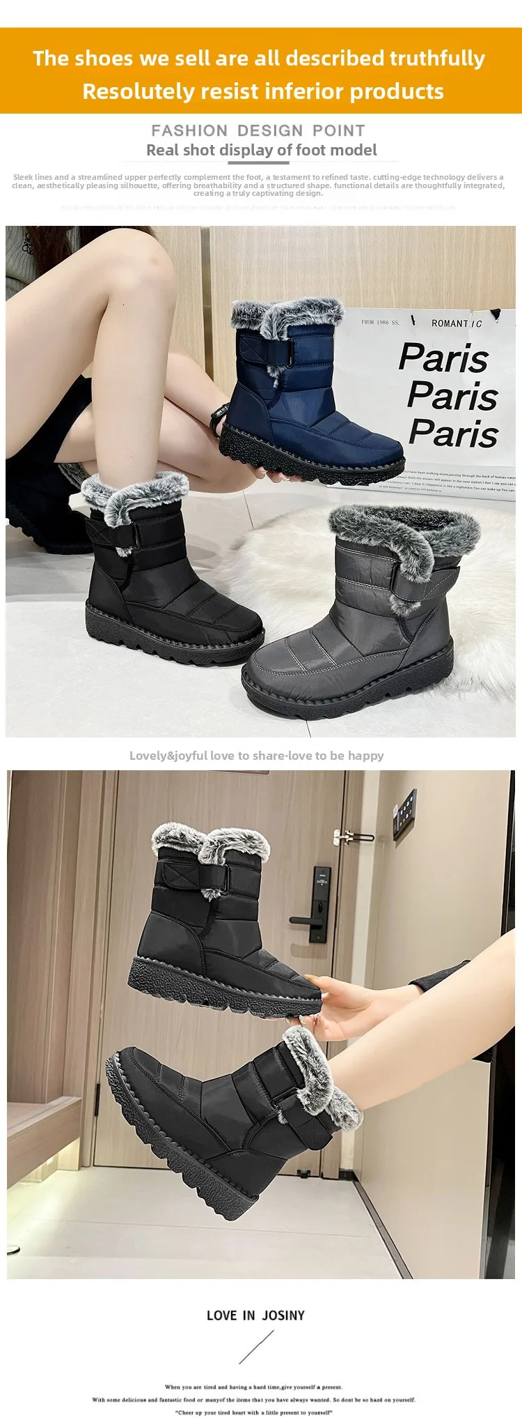 Women Waterproof Snow Boots Thick Fleece Lined Magic Tape Non Slip Sole Winter Warm Mid Calf Outdoor Boots