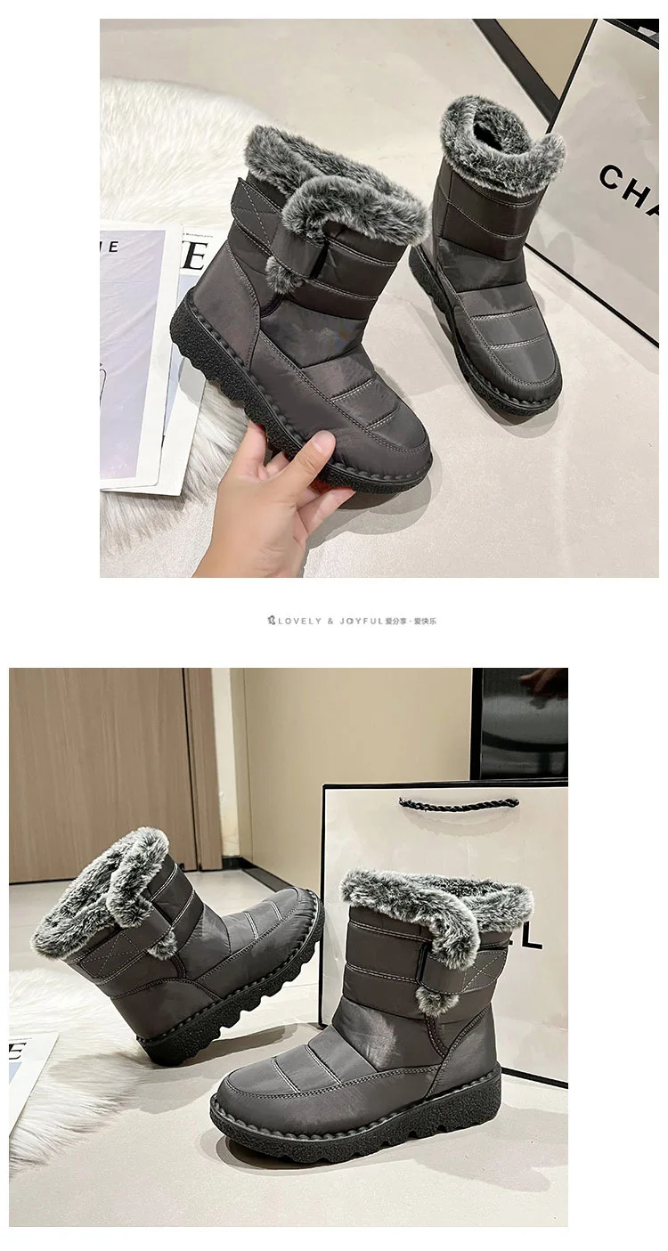 Women Waterproof Snow Boots Thick Fleece Lined Magic Tape Non Slip Sole Winter Warm Mid Calf Outdoor Boots