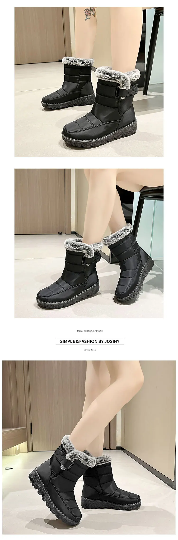Women Waterproof Snow Boots Thick Fleece Lined Magic Tape Non Slip Sole Winter Warm Mid Calf Outdoor Boots