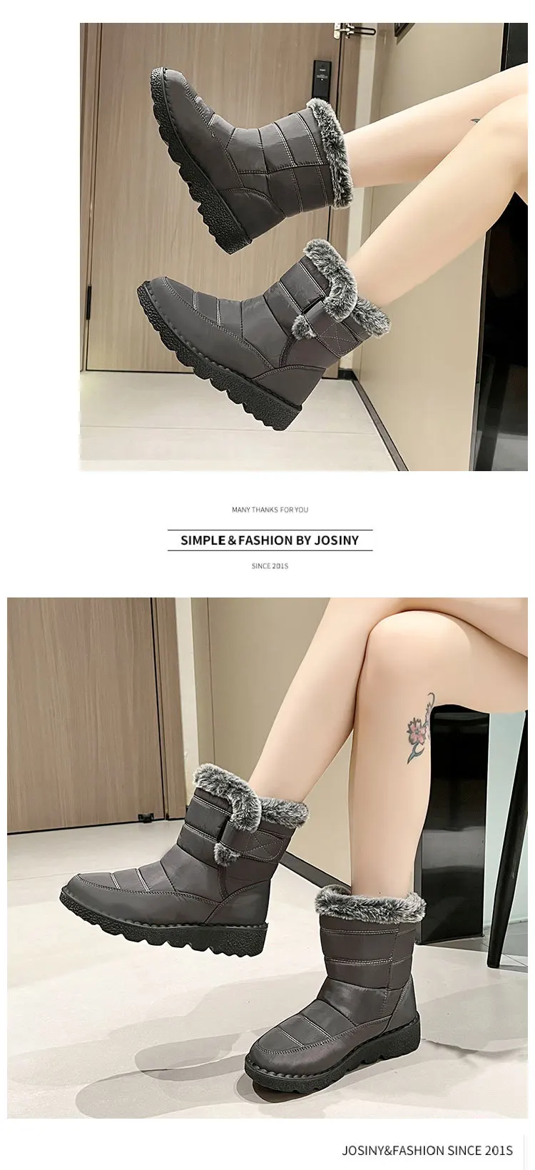 Women Waterproof Snow Boots Thick Fleece Lined Magic Tape Non Slip Sole Winter Warm Mid Calf Outdoor Boots