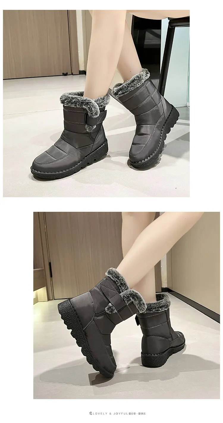 Women Waterproof Snow Boots Thick Fleece Lined Magic Tape Non Slip Sole Winter Warm Mid Calf Outdoor Boots