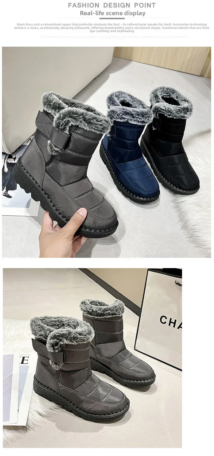 Women Waterproof Snow Boots Thick Fleece Lined Magic Tape Non Slip Sole Winter Warm Mid Calf Outdoor Boots