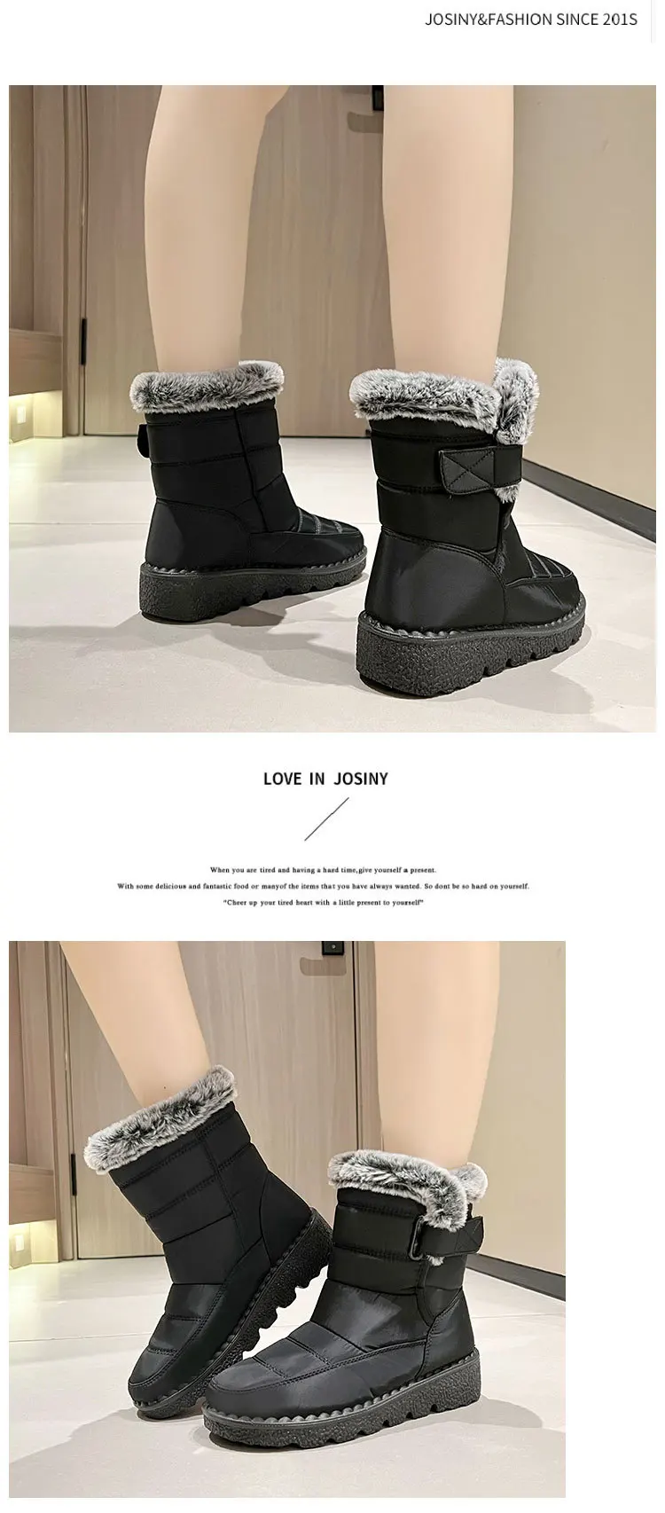 Women Waterproof Snow Boots Thick Fleece Lined Magic Tape Non Slip Sole Winter Warm Mid Calf Outdoor Boots