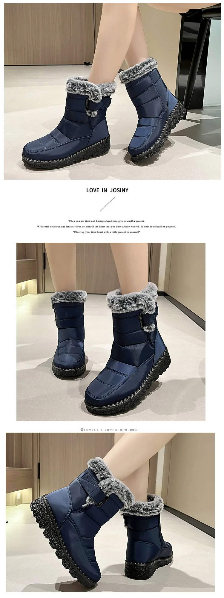 Women Waterproof Snow Boots Thick Fleece Lined Magic Tape Non Slip Sole Winter Warm Mid Calf Outdoor Boots