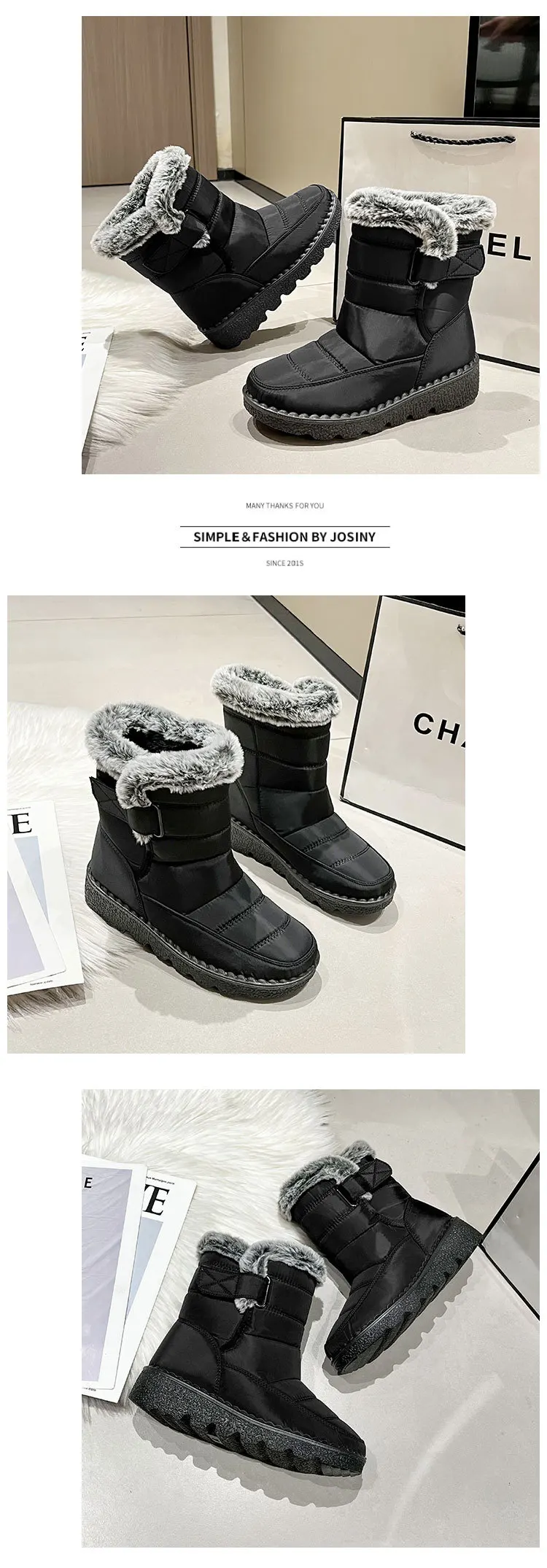 Women Waterproof Snow Boots Thick Fleece Lined Magic Tape Non Slip Sole Winter Warm Mid Calf Outdoor Boots