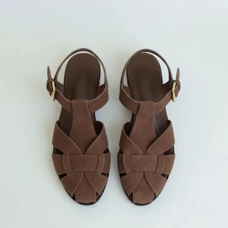 Brown Gladiator Sandals for Women 2026 New Summer Retro Woven Closed Toe Flat Sandals Comfort Buckle Strap Shoes