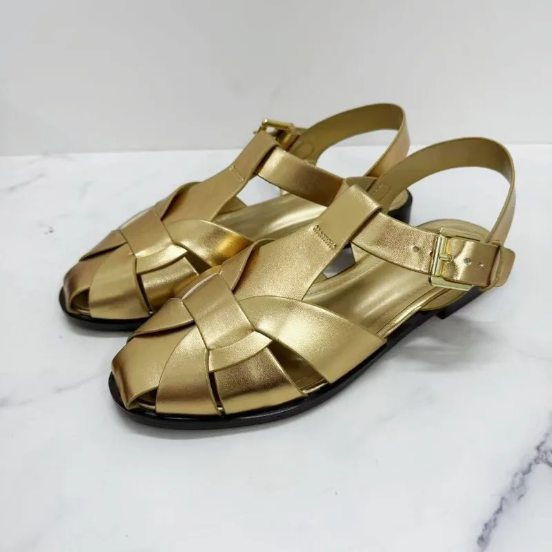 Brown Gladiator Sandals for Women 2026 New Summer Retro Woven Closed Toe Flat Sandals Comfort Buckle Strap Shoes