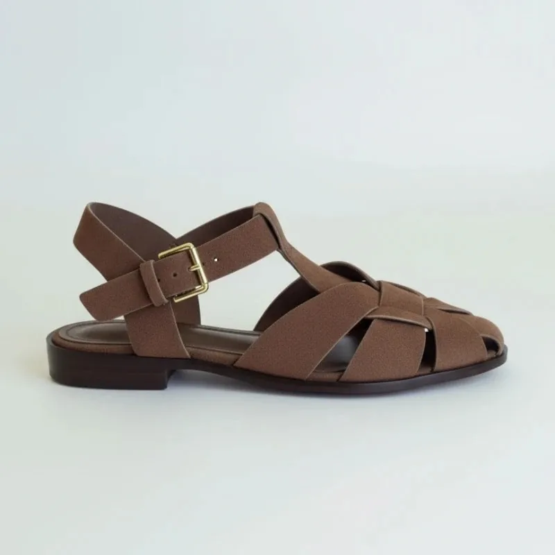 Brown Gladiator Sandals for Women 2026 New Summer Retro Woven Closed Toe Flat Sandals Comfort Buckle Strap Shoes