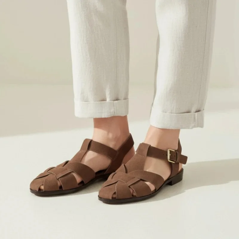 Brown Gladiator Sandals for Women 2026 New Summer Retro Woven Closed Toe Flat Sandals Comfort Buckle Strap Shoes