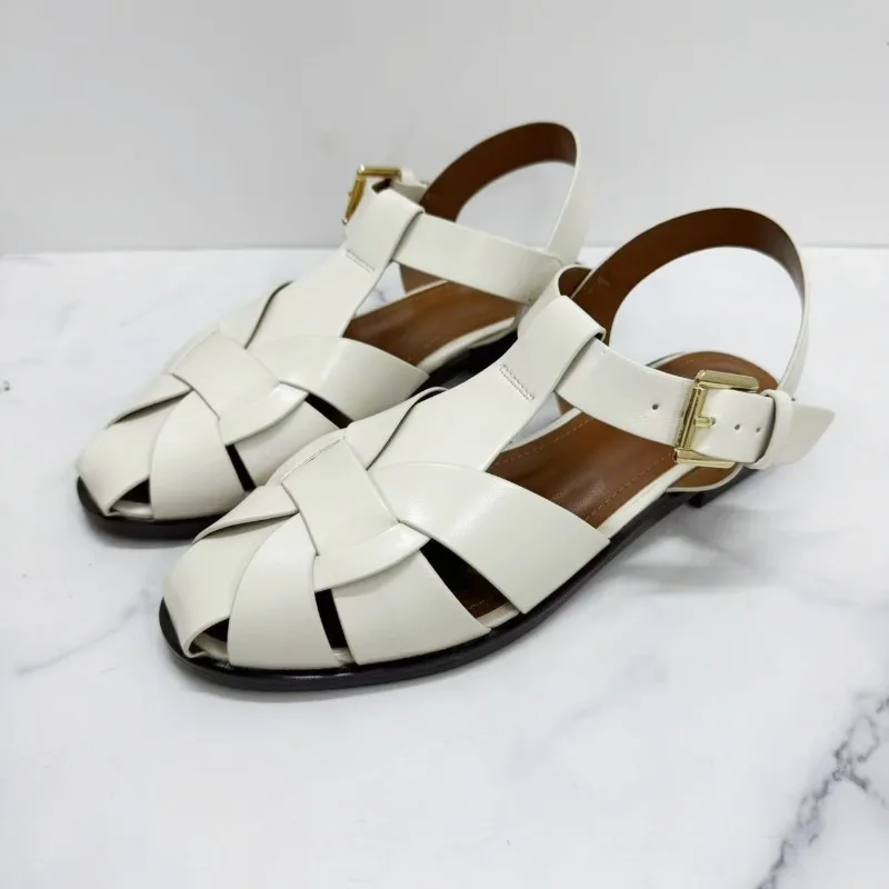 Brown Gladiator Sandals for Women 2026 New Summer Retro Woven Closed Toe Flat Sandals Comfort Buckle Strap Shoes
