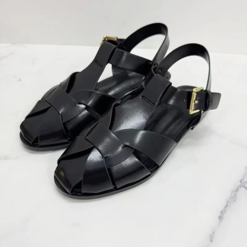 Brown Gladiator Sandals for Women 2026 New Summer Retro Woven Closed Toe Flat Sandals Comfort Buckle Strap Shoes